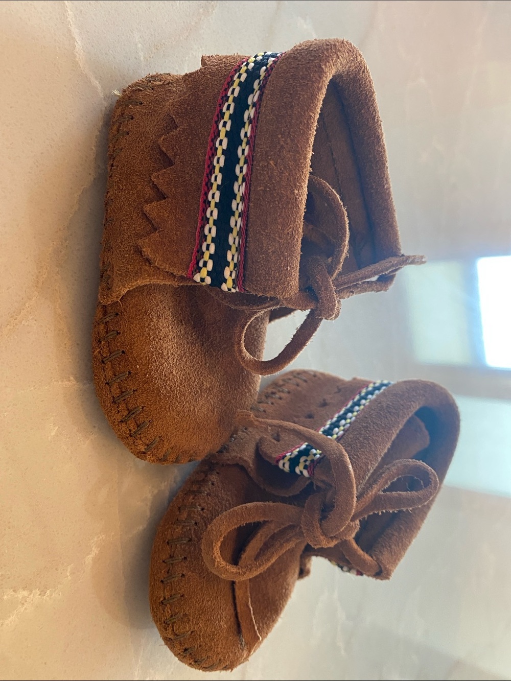 Minnetonka Baby Brown Suede Moccasins with Multicolor Trim